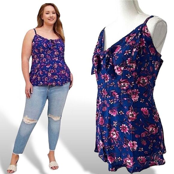 Torrid Blue & Pink Floral Peplum Eyelet Gauzy Tank Cami Sz 3X - Picture 2 of 15